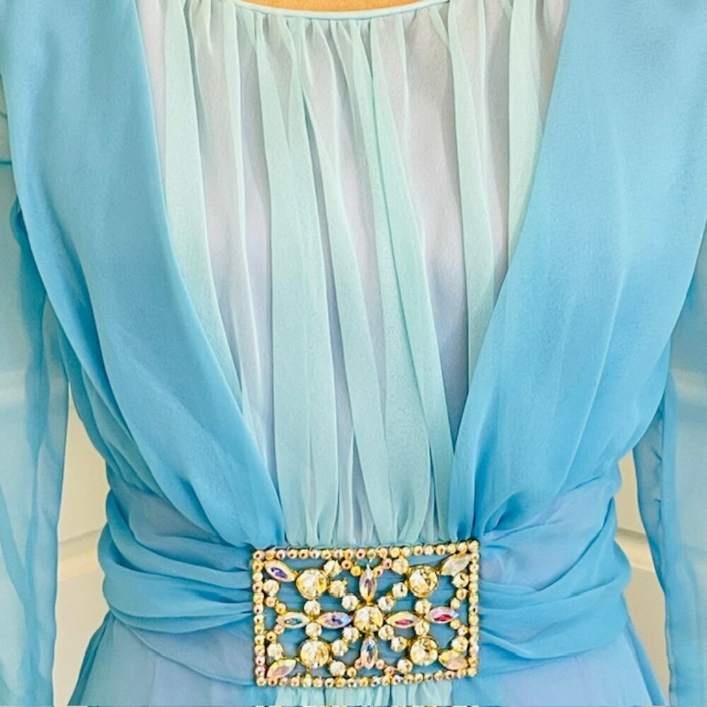 Vintage 70's Grecian Ethereal Chiffon Evening Gown Rhinestone Waist Ice Blue S - Picture 4 of 16